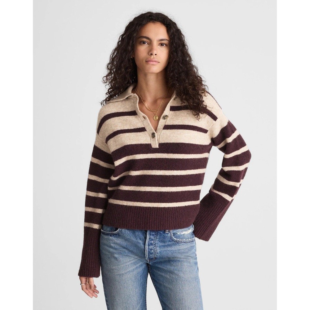 Madewell Wool blend Striped Polo Collar Knit Pullover Sweater Oversized XS NY436